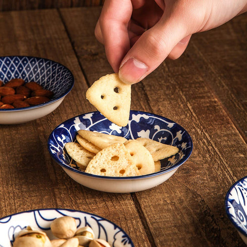 Selamica 2.5oz Ceramic Dip Bowls Set, Porcelain Dip Mini Bowls Soy Sauce Dish, dipping Bowls, Appetizer side dishes for party, family, pack of 6(Vintage Blue)