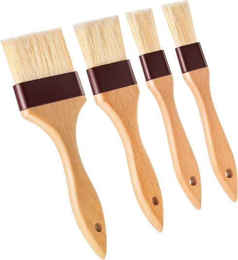 4 Pieces Pastry Brushes Basting Oil Brush with Boar Bristles and Beech Hardwood Handles Barbecue Oil Brush for Spreading Butter Cooking Baking Brush (1 Inch, 2 Inch, 3 Inch)