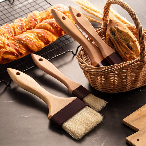 4 Pieces Pastry Brushes Basting Oil Brush with Boar Bristles and Beech Hardwood Handles Barbecue Oil Brush for Spreading Butter Cooking Baking Brush (1 Inch, 2 Inch, 3 Inch)