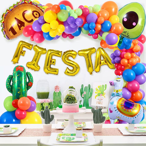 Winrayk 113PCS Fiesta Balloon Garland Arch Kit Mexican Themed Fiesta Party Decorations with Fiesta Golden Letters Avocado Cactus Taco Alpaca Cinco De Mayo Party Decorations for Kids Adults