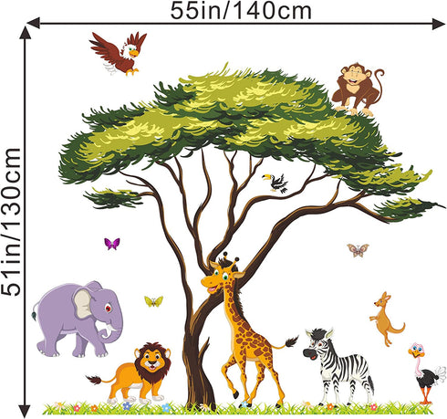RW-1074 Cartoon Jungle Animal Wall Decals 3D Large Green Tree Wall Stickers DIY Removable Giraffe Lion Elephant Grass Wall Art Decor for Kids Baby Bedroom Living Room Nursery Playroom Home Decoration