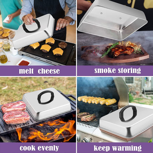 HaSteeL Square Cheese Melting Dome, Stainless Steel 9…“ x 9…“ x 2 Inch Steaming Basting Cover, Heavy Duty Griddle Grill Accessories for Flat Top Teppanyaki Cast Iron BBQ Outdoor Kitchen Cooking, 2 Packs