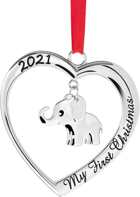 Klikel Baby's First Christmas Ornament 2021 - Silver Heart with Hanging Elephant Christmas Ornament - Babies Christmas Ornament Engraved My First Christmas 2021 - Baby Ornament 2021 with Gift Box