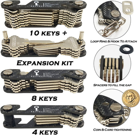 Compact Key Organizer by KEYTEC - Carbon Fiber Smart Key Holder with Multitools - Bottle Opener Phone Stand - Long Screw Anti Loosening Washer - Full Expansion Kit - Linear Type