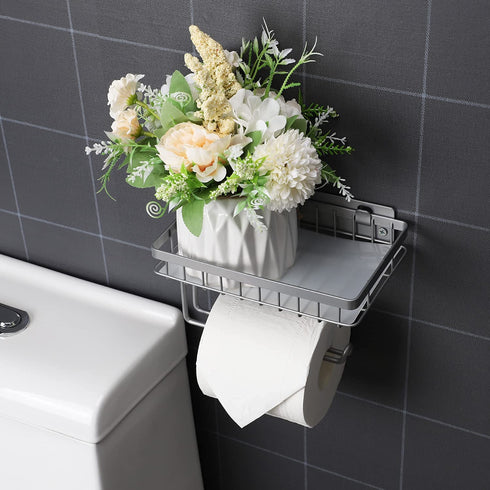 Toilet Paper Holder with Shelf, LKKL Toilet Tissue Paper Holder Wall Mounted, Bathroom Toilet Paper Roll Holder Storage, Bathroom Accessory Tissue Roll Dispenser and Shelf - Silver