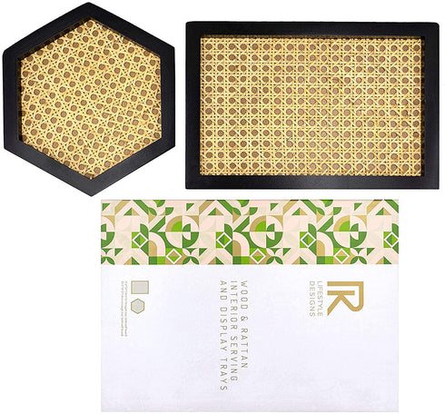 Premium Rattan Bamboo Tray, Set Of 2 Pcs Hexagon and Rectangular Hand Woven Modern Minimalistic Design, Living Dining Room Kitchen Serving Tray - Coffee, Breakfast, Food, Fruits, Countertop Decoration