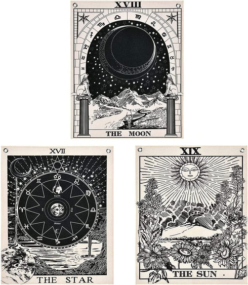 Pack of 3 Tarot Tapestries with Rustproof Grommets, Seamless Nails, The Sun Moon Star Tarot Card Tapestries Vertical Tapestry Wall Hanging (16 x 20 inches/piece)