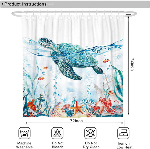 DESIHOM Teal Sea Turtle Shower Curtain Ocean Nautical Shower Curtain Under The Sea Shower Curtain Polyester Fabric-72" x 72"