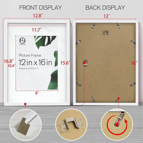 HappyHapi 12x16 Picture Frame White, Composite Wood Frames Display 8.5x11 with Mat or 12x16 without Mat, Home Decorations for Photos, Paintings, Posters, Diplomas