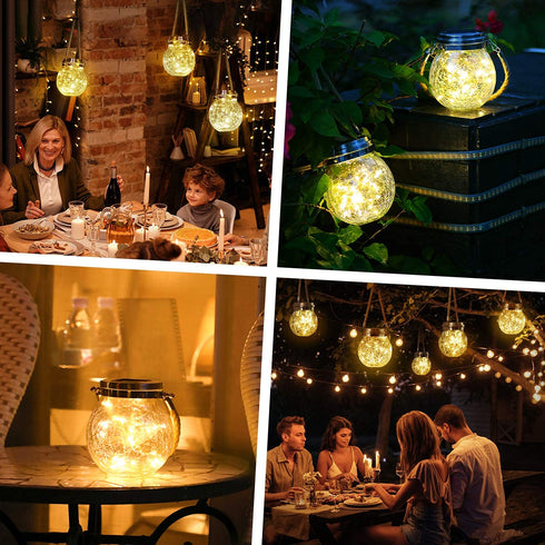 2 Packs Hanging Outdoor Solar Lanterns Decorative Lights 30 LED Waterproof Cracked Glass Jar Garden Lights for Court Yard Patio Pathway