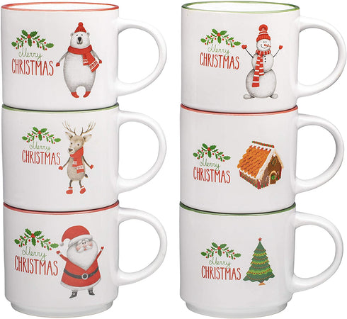 Christmas Coffee Mugs Set of 6 Large-sized 14 Ounce Christmas Theme Perfect For Christmas Gift Baskets Ceramic Coffee Mugs Restaurant Coffee Mugs By Bruntmor