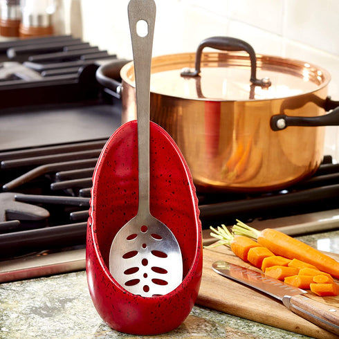 Speckled Earthenware Spoon Rest for Kitchen Stoves and Countertops - Barn Red