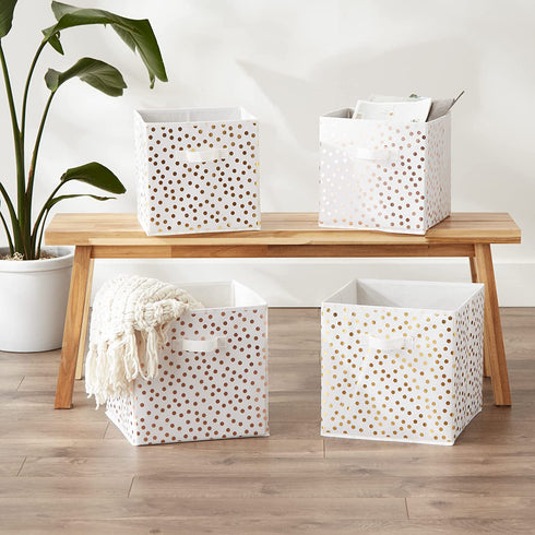 DII Non Woven Storage Collection Polka Dot Collapsible Bin Large Set, 13x13x13 Cube, White & Copper, 2 Piece