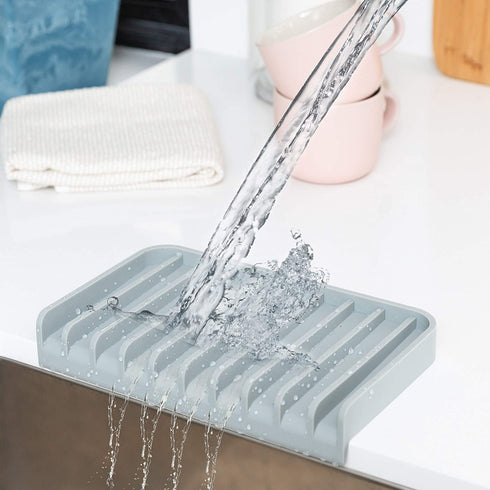 EFFILOGIC Silicone Sponge Holder Tray - Self Draining Kitchen Soap Tray Unique Kitchen Sink Organizer for Dishwashing Accessories Faucet Splash Catcher for Sink - Large 9.8" x 5.8" Black