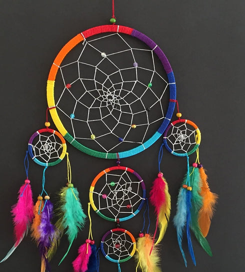 OMA Dream Catcher - Hand Made Traditional Multi Color Chakra Rainbow Dream Catcher with Tie Dye Feathers & Beads Dreamcatcher - 7" Diameter & 22" Long