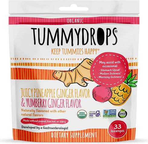 USDA Organic Tropical Ginger Variety Pack Tummydrops (mix of pineapple & yumberry, 33 individually wrapped drops)