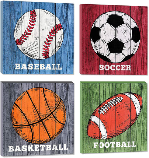 EXCELLO GLOBAL PRODUCTS 4 Pack of 12x12 Wall Hanging Sports Signs