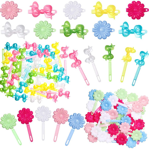 76 Pieces Self Hinge Plastic Hair Barrettes for Girls Multi-coloured Flower and Bowknot Hair Clips Cute Hair Barrettes 80s 90s Hair Clips Cartoon Design Hairpins Hair Accessories (Flower, Bowknot)
