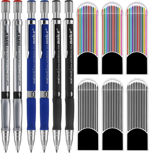 ExcelFu 6 Pieces 2.0 mm Mechanical Pencils with 6 Cases Lead Refills, Color and Black Refills for Draft Drawing, Carpenter, Writing, Crafting, Art Sketching