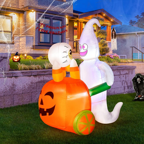 Rocinha Halloween Inflatables Ghost Pushing Pumpkin Cart 5 Ft Halloween Blow Up Decorations with Built-in LED Lights Halloween Lawn Decorations for Outdoor Party Yard Garden