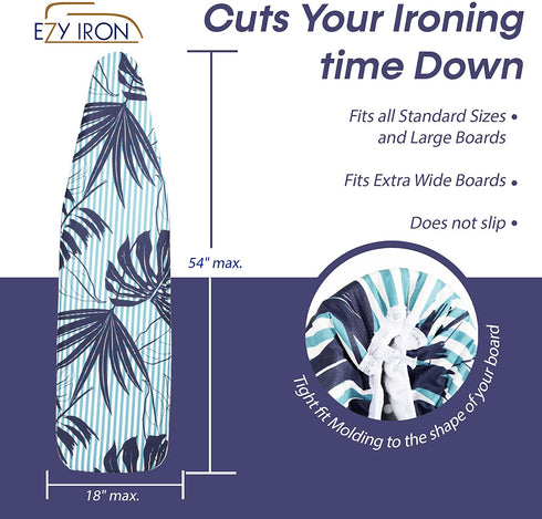 Ezy Iron Ironing Board Cover and Pad - Cuts Ironing Time in Half - 15x54 inch - Reflective Thick Padding - Standard Size and 18 x 49 inches - Heavy Duty Padded Covers (Hamptons Style)