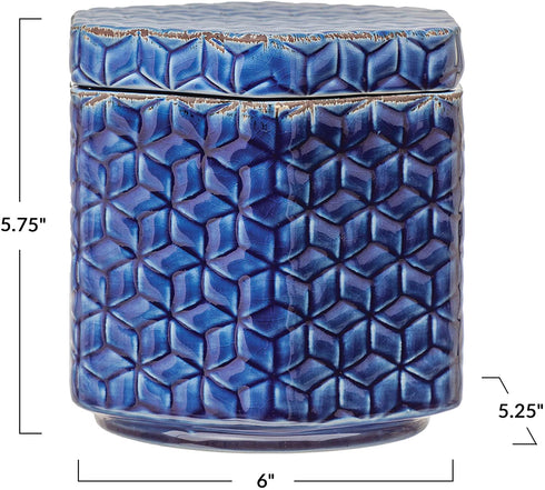 Creative Co-Op Debossed Decorative Stoneware Lid & Pattern, Distressed Crackle Glaze, Blue Jar