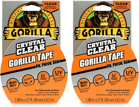 Gorilla Crystal Clear Repair Duct Tape, 1.88? x 9 yd, Clear, (Pack of 2)