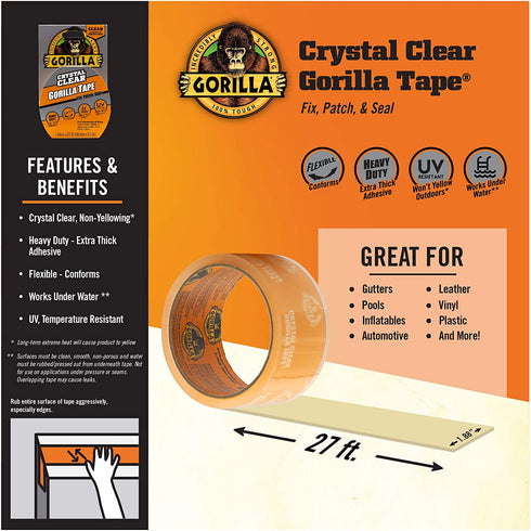 Gorilla Crystal Clear Repair Duct Tape, 1.88? x 9 yd, Clear, (Pack of 2)