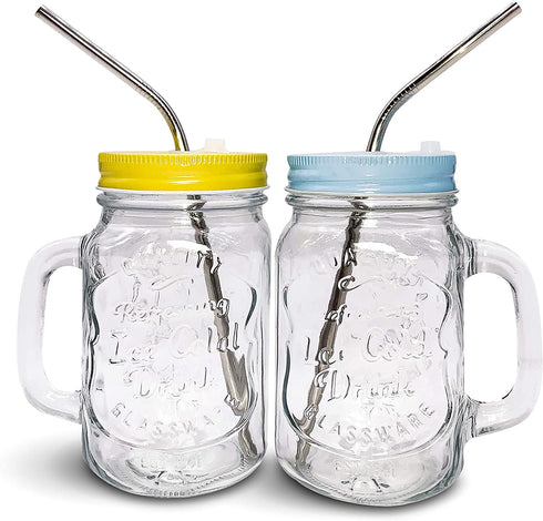 Home Suave 16 oz Glass Mason Jars Mugs with Handle, Lids with 2 Reusable Stainless Steel Straws, Regular Mouth, Set of 2 (Light Blue & Yellow))