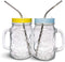 Home Suave 16 oz Glass Mason Jars Mugs with Handle, Lids with 2 Reusable Stainless Steel Straws, Regular Mouth, Set of 2 (Light Blue & Yellow))