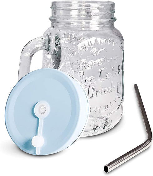 Home Suave 16 oz Glass Mason Jars Mugs with Handle, Lids with 2 Reusable Stainless Steel Straws, Regular Mouth, Set of 2 (Light Blue & Yellow))