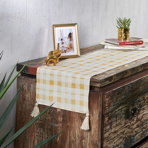 Folkulture Gingham Table Runner with Tassels for Home Dining Table, Farmhouse Style D©cor or Kitchen, 100% Cotton Linen Yellow Sand Boho Table Runner, 14 x 108 inch Long