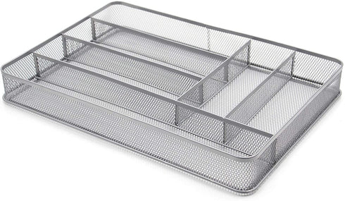 TQVAI Mesh Cutlery Tray 6 Compartments Kitchen Drawer Silverware Holder Utensils Flatware Organizer, Silver