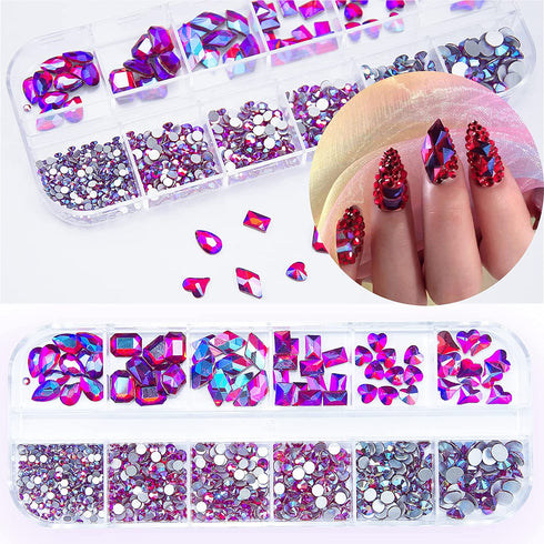 660Pcs AB Red Rhinestones Crystals Gems Nail Art Flat Back Round Beads Red AB Multi Sized Shapes Gems Rhinestone Stones for Nail Art DIY Jewelry Crafts Accessories