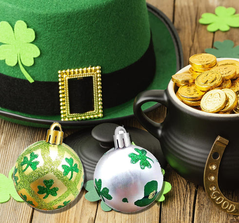Medoore 12 Pieces St Patrick Ornament Ball-St. Patrick's Shamrock Hanging Ball Ornament, Good Luck Clover Decoration Baubles for Tree Baubles Table Shelf Festival Decorations, 3 Styles