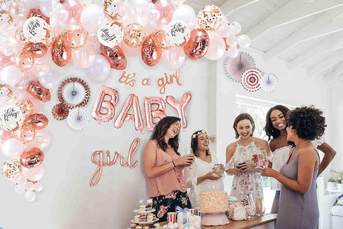 VIDAL CRAFTS Rose Gold Baby Shower Decorations for Girl, It's a Girl Banner, BABY Girl Foil Balloons, 36 Pieces Rose Gold Balloon Arch, Confetti Balloons, Paper Fans, Rose Gold and White Theme Décor