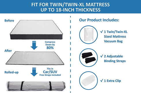 Twin/Twin XL Foam Mattress Vacuum Bag for Moving, Vacuum Seal Mattress Storage Bag with Straps
