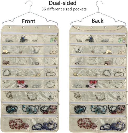 BB Brotrade Hanging Jewelry Organizer with Oxford Dual Side 56 Zippered Storage Pocket?Beige?
