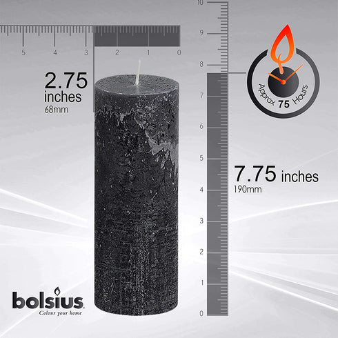 BOLSIUS Rustic Anthracite (Black) Unscented Pillar Candles - 2.75" X 7.5" Decoration Candles Set of 3 - Clean Burning Dinner Candles for Wedding & Home Decor Party Restaurant Spa- Aprox (190/68m)