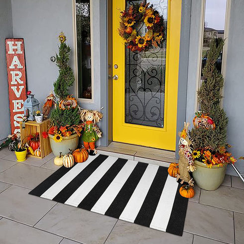 Black and White Outdoor Runner Rug 27.5'' x 43'',Washable Striped Layered Doormats Front Porch Rug Farmhouse Check Entrance Carpet for Welcome Mat/Indoor/Laundry Room