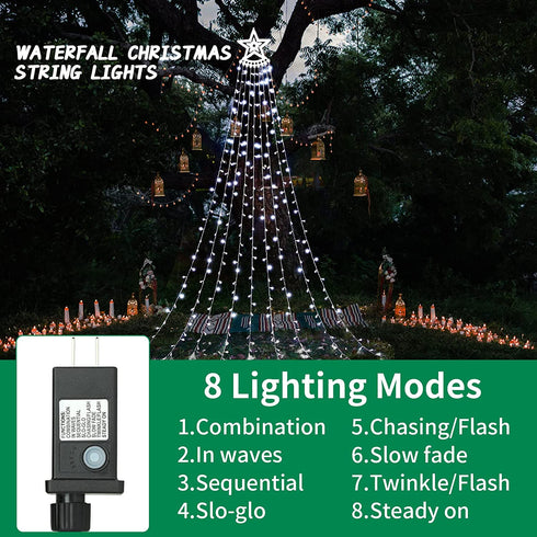 Christmas Decorations Outdoor Star String Lights,349 LED 8 Modes with 14" Topper Star Christmas Tree Lights,Star Waterfall Lights for Outside Tree Yard Wedding Home Party,Cool White