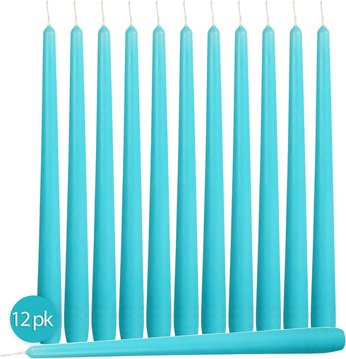 12 Pack Tall Taper Candles - 10 Inch Light Blue - Turquoise Dripless, Unscented Dinner Candle - Paraffin Wax with Cotton Wicks - 8 Hour Burn Time.