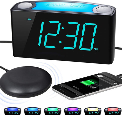 Extra Loud Alarm Clock with Bed Shaker, Vibrating Alarm Clock for Heavy Sleepers Deaf Hearing Impaired, 7" Large Display, Dual USB Charger, 7 Color Night Light, Dimmer, Snooze & Battery Backup