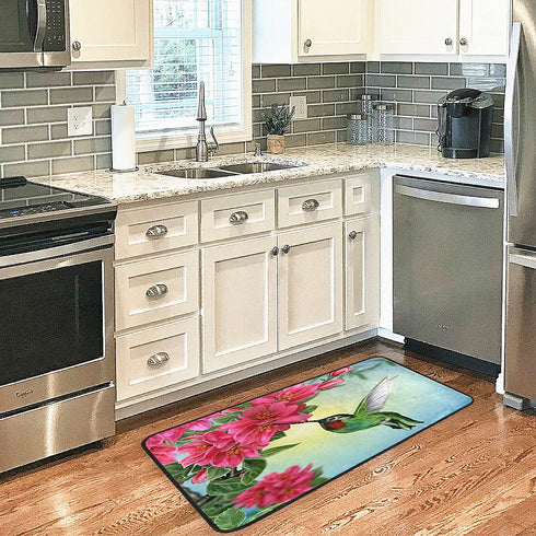 Spring Hummingbird Kitchen Rug Cherry Red Flower Kitchen Mat Summer Blue Sky Floral Leaves Floor Mat Non Slip Area Rugs for Home Decor 39" X 20"