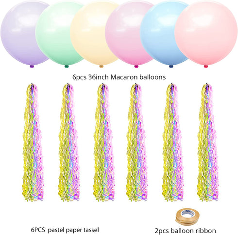 ArcHome 6PCS 36 Inch Pastel Balloons,Unicorn Balloons With Tissue Paper Tassel For Pastel Party Decorations/ Unicorn Birthday Decorations For Girls