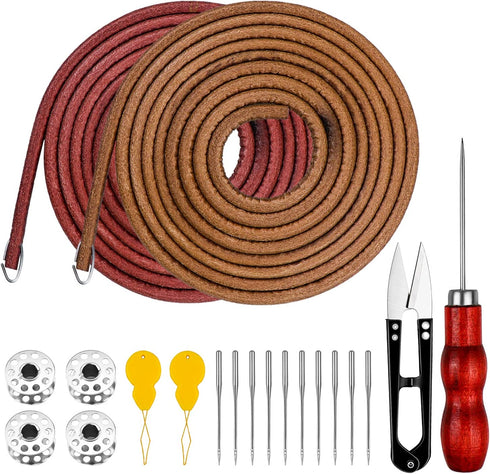 Homgaty 2 Piece Treadle Sewing Machine Belt, 183cm 3/16" Replacement Leather Belt Treadle Parts with Hooks,Sewing Bobbins,Needle Threader, Needles,Scissors Compatible with Singer/Jones Sewing Machine
