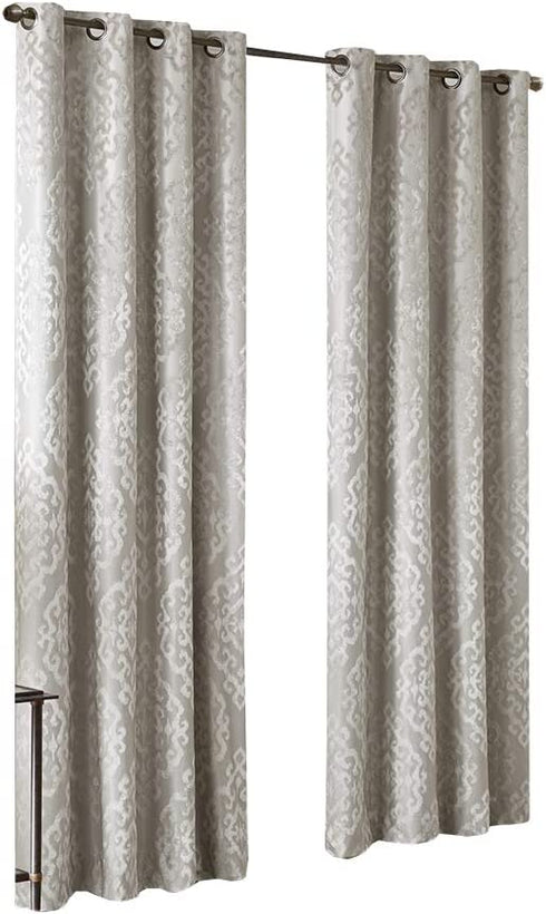 SunSmart Mirage 100% Total Blackout Single Window Curtain, Knitted Jacquard Damask Room Darkening Curtain Panel with Grommet Top, 50x84", Grey