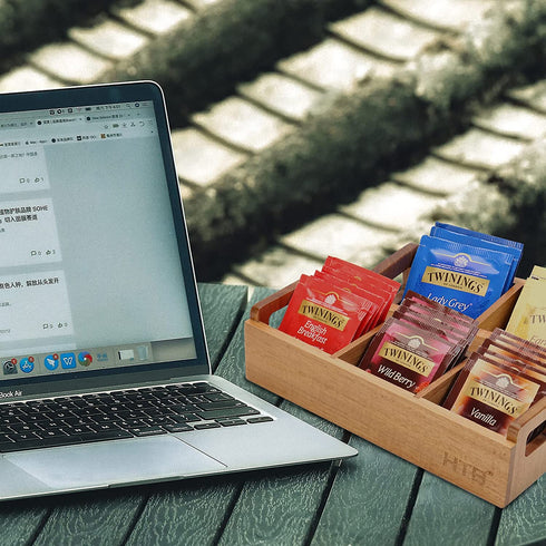 Small Wooden Tea Bag Box 2PCS by HTB, 3 Compartments Acacia Wood Tea Bag Chest with Handle, Mini Countertop Divided Storage Container for Beverage Supplies, Sugar, Sweeteners, Individual Packets