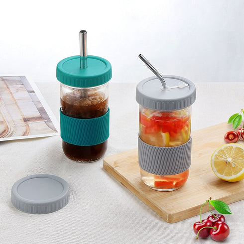 2 Pack 22 oz Reusable Smoothie Cups Boba Tea Cups, Wide Mouth Mason Jar Lids with Straw Hole, Including 4pcs Stainless Steel Straws and 2pcs Cleaning Brushes
