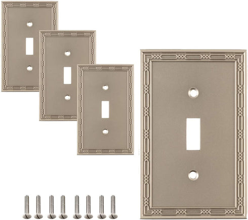 SleekLighting Toggle Wall plates | Decorative Zinc Cast Satin Nickel Finish | Electric Switch Covers| Style: 1 Gang Toggle (4 Pack)